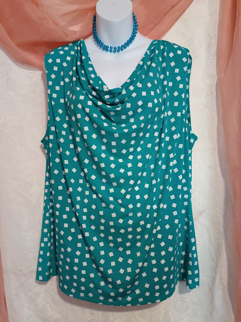 Preston & York Ladies Sleeveless Cowl Neck Top w/ White Geo Print Sz XL